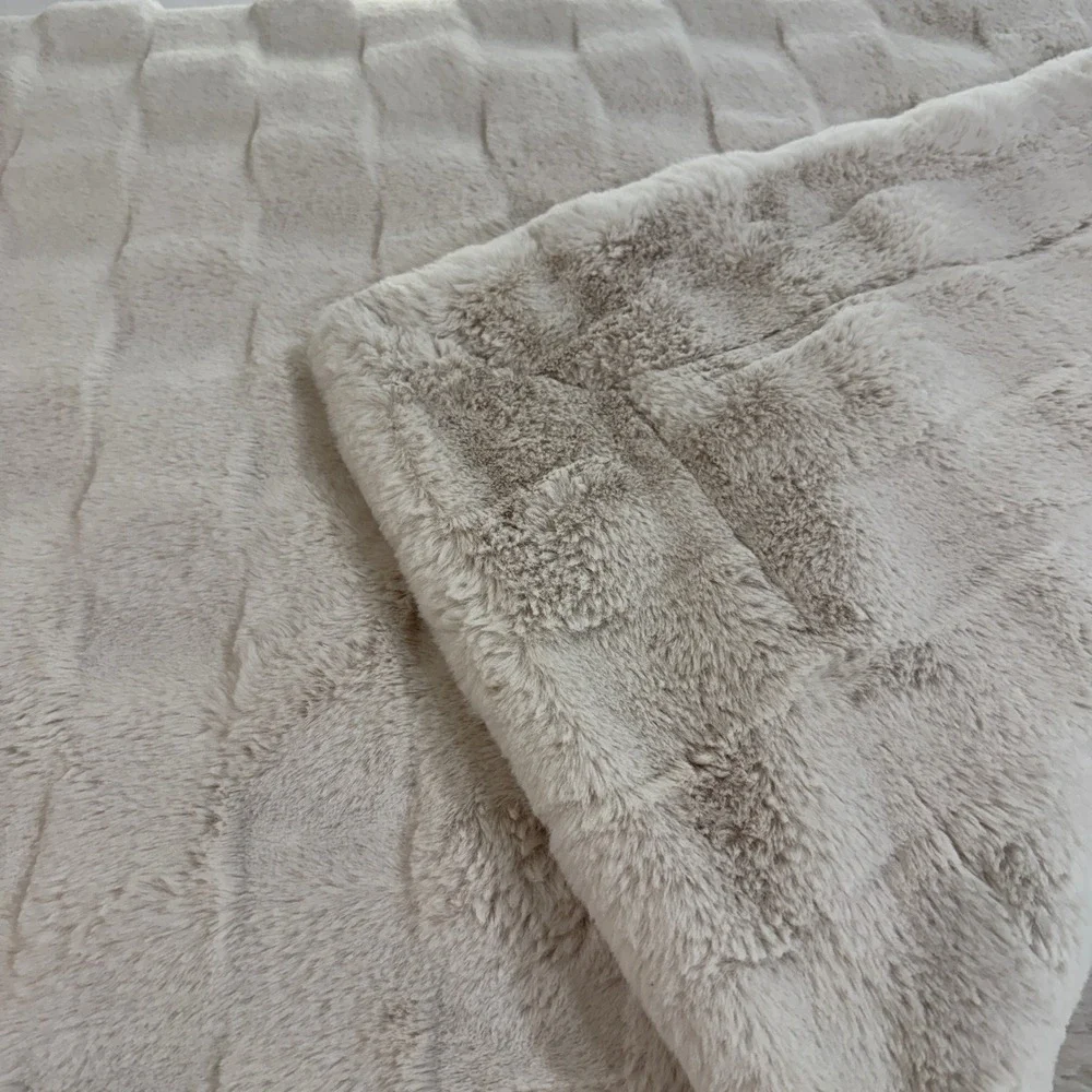Minky Couture Urban Cream Faux Fur Throw Blanket Large 60x72 Plush Square Grid